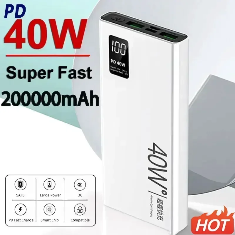 

PD40W Super Fast Charging Power Bank Portable 200000mAh Digital Display External Battery Charger For IPhone Xiaomi Huawei QC3.0