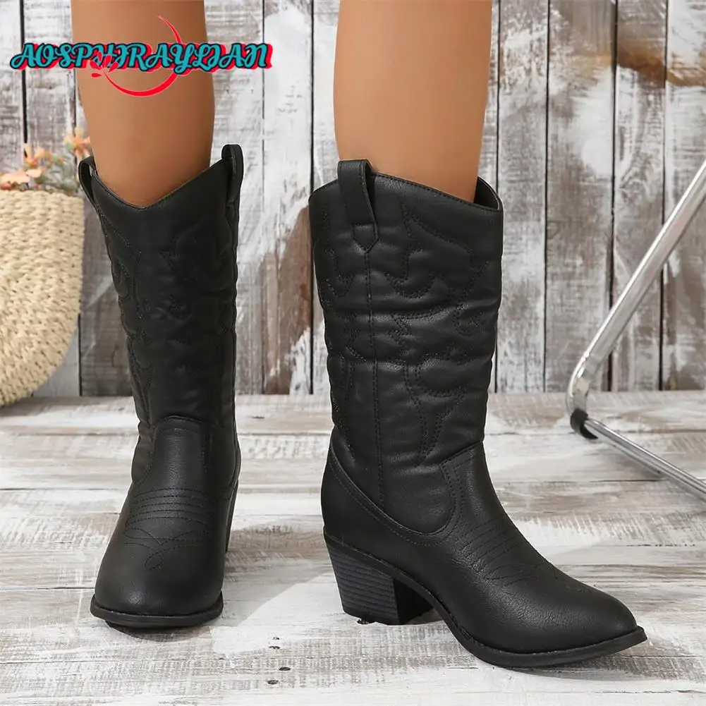 Brand New Ladies Black Mid-Calf Boots Fashion Embroider Chunky Heels women's Western Cowboy Boots Casual Party Woman Shoes