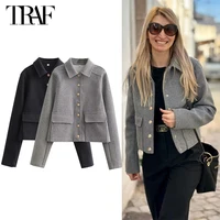 TRAF 2024 Bomber Jacket Women Button Cropped Jackets for Women Long Sleeve Women's Jackets Streetwear Coat for Women Outerwears 1