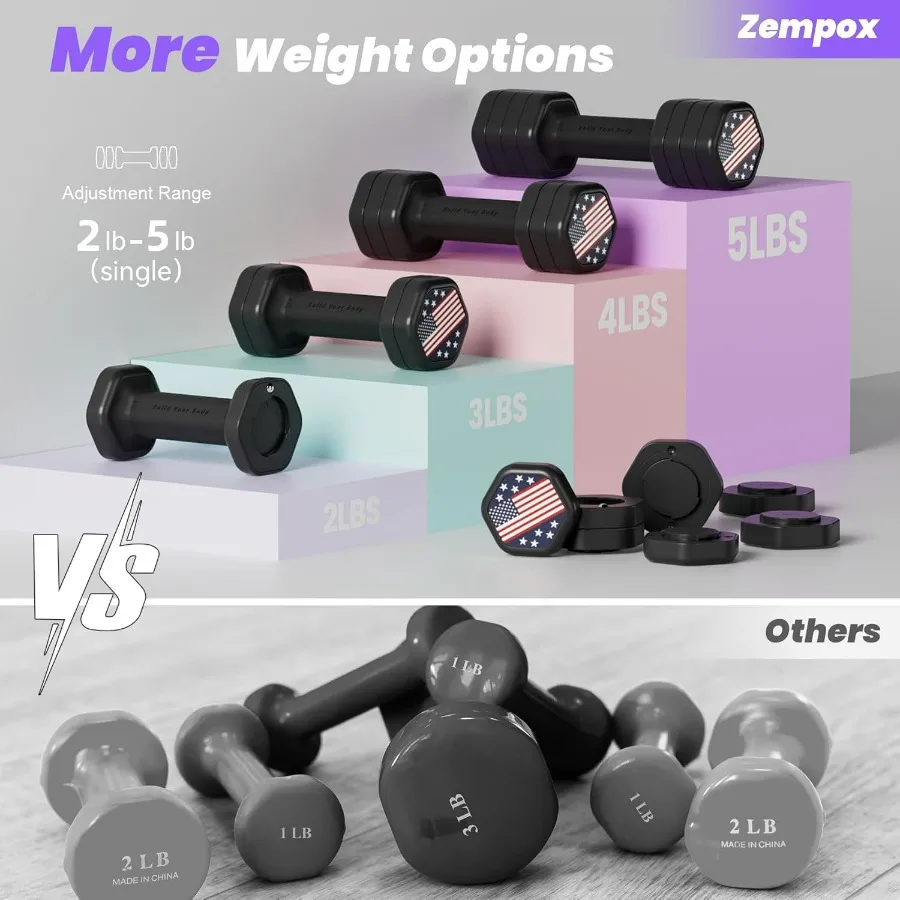 Adjustable Dumbbell Set of 2, 4 in 1 Hand Weights for Women at Home, 5 lb Weights Dumbbells set of 2, Each 2lb 3lb 4lb 5lb with