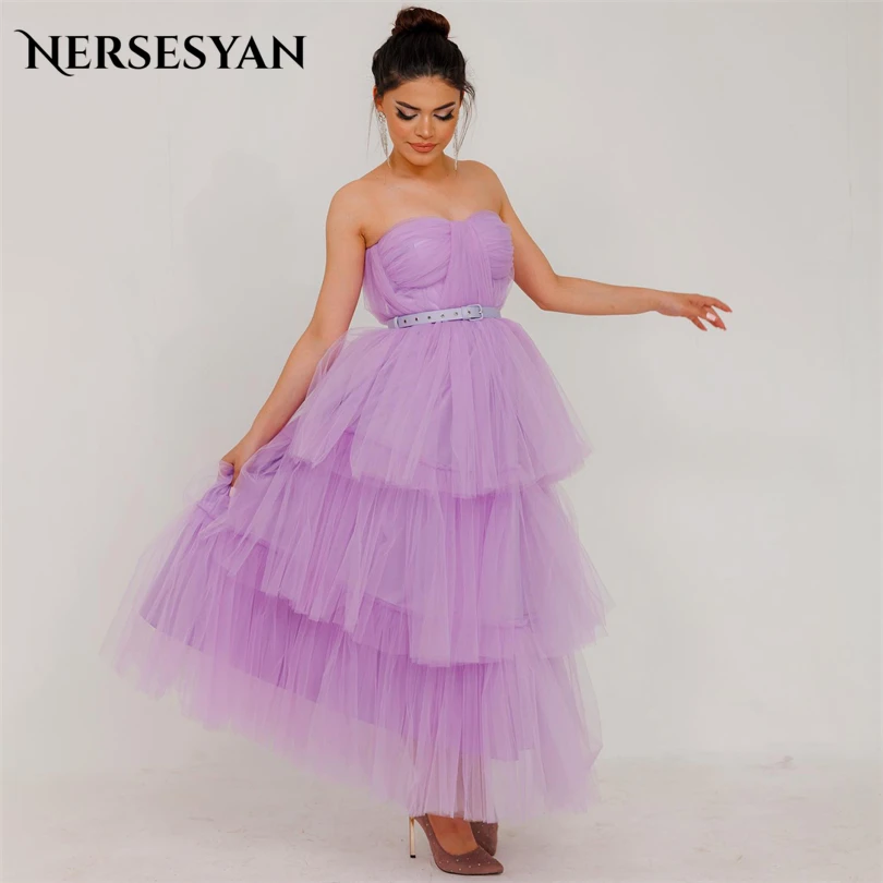 

Nersesyan Purple Tulle Homecoming Party Gowns Sleeveless Strapless Evening Dresses Tiered Pleats A Line Long Prom Dress 2023