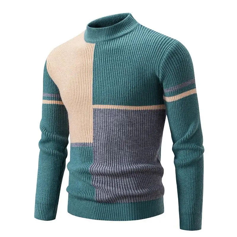 

Leisure Men's New Autumn and Winter Casual Splicing Warm Neck Sweater Knit Pullover Tops Man Clothes Contrast Twisted Round Neck