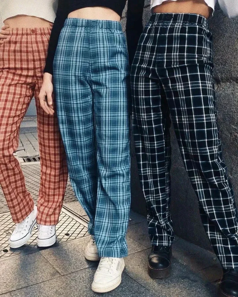 Women Harajuku Retro Plaid Pants Fashion High Waist Straight Pant Women Vintage Trousers Checkered Sweatpant Streetwear Girls