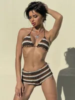 Weird Puss Ripped Tassel 3Piece Set Women Sexy Crochet Y2K Bandage Bra+Thong+Shorts Beach Vacation Midnight Club Party Swimsuit - Image 4