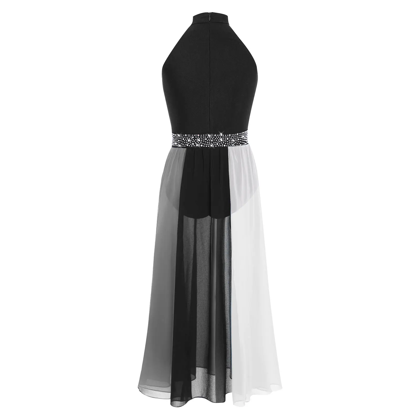Mädchen Tanzkleid für Lyrischen und Zeitgenössischen Tanz, Ärmellos mit Strass, Seitenschlitz, Chiffon Eiskunstlauf Ballett Gymnastik Trikot – Detail 17
