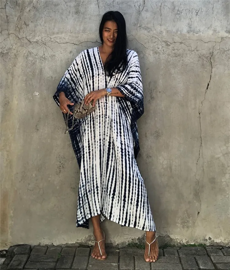Fashion Casual Striped Print Long Dresses Women Bohemian V-neck Bat Sleeve Loose Slit Beach Dress Summer New Beachwear Vestidos 180 Fashion Casual Striped Print Long Dresses Women Bohemian V-neck Bat Sleeve Loose Slit Beach Dress Summer New Beachwear Vestidos