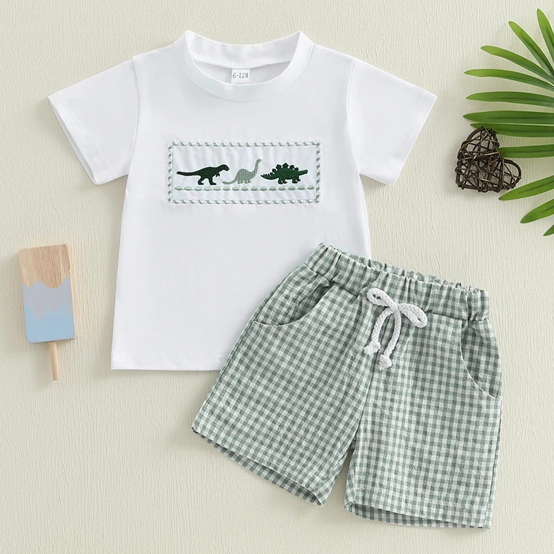 Toddler Baby Boy Summer Outfit Dinosaur Pattern Crew Neck Short Sleeve T-Shirt with Plaid Shorts 2 Pcs Kid Boys Clothes Set