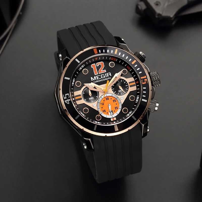 MEGIR New Fashion Silicone Strap Quartz Watch Men Sports Waterproof Chronograph Mens Watches Top Brand Luxury Relogio Masculino