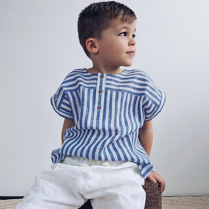 Boys Cotton And Linen Striped Casual T-Shirt 2024 Summer New Children's Round Neck Buttons Short-Sleeved Linen Tops TZ417