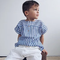 Boys Cotton And Linen Striped Casual T-Shirt 2024 Summer New Children's Round Neck Buttons Short-Sleeved Linen Tops TZ417 1