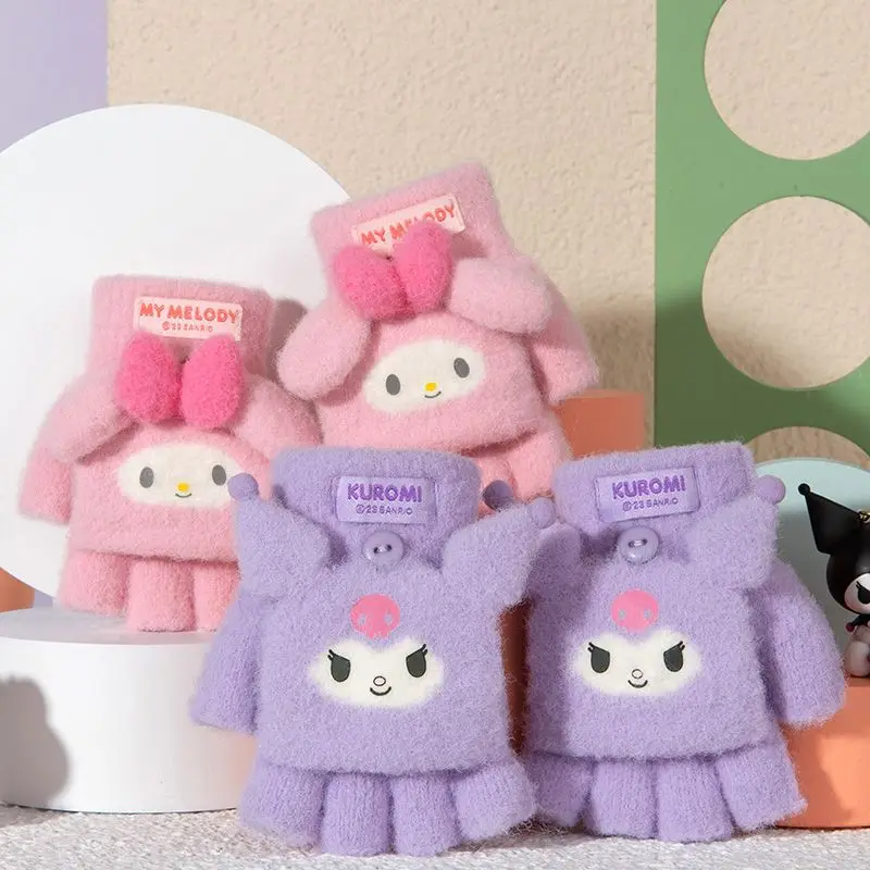 

Sanrio Babys Gloves Winter Warm Wool Soft Touchscreen Gloves Flap Cover Fingerless Flip Gloves Knitted Mittens Glove Gift