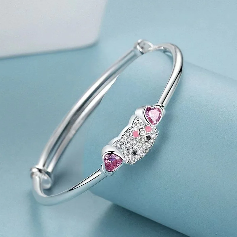 

New Sanrio Hello Kitty Anime Character Pink Peach Heart Crystal Cat Push-Pull Bracelet Pendant Couple Decoration Girl Gift