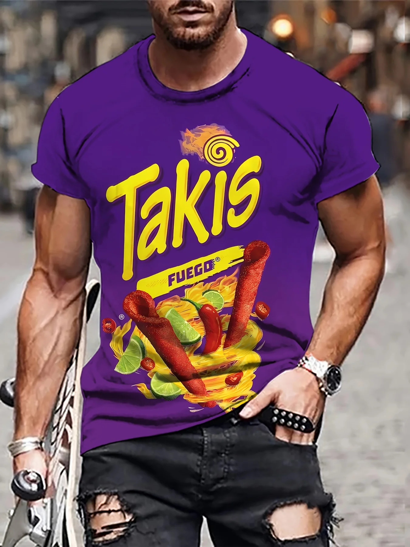 thumbnail image 1 of Camiseta de manga corta con cuello redondo y estampado geométrico Takis para hombre, tela de mezcla de poliéster suave y ligeramente elástica, camiseta fresca para el verano, 1 of 5