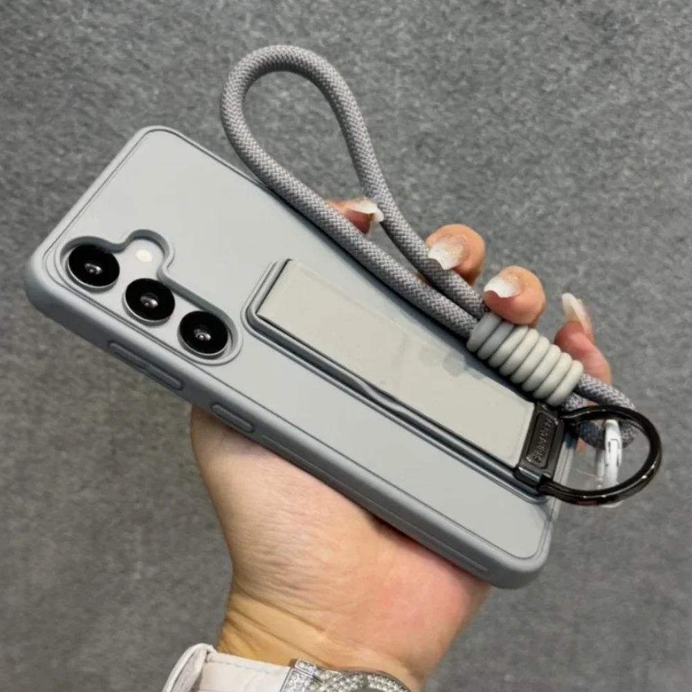 Folding Metal Stand Phone Case with Wrist Strap and Lanyard - Solid Color Matte Silicone Cover