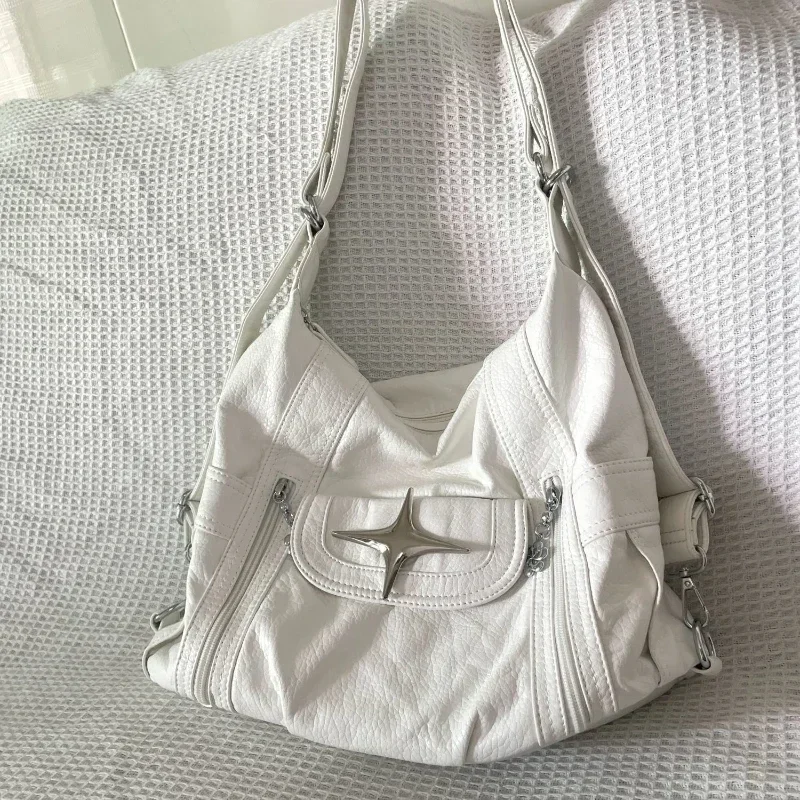 Shoulder Bag Ladies Handbag Crossbody Bag Xiuya Y2k Large Capacity Shoulder Bag White Pu Leather Cross Handbag American Style Punk Goth Fashion Simple Designer Handbag