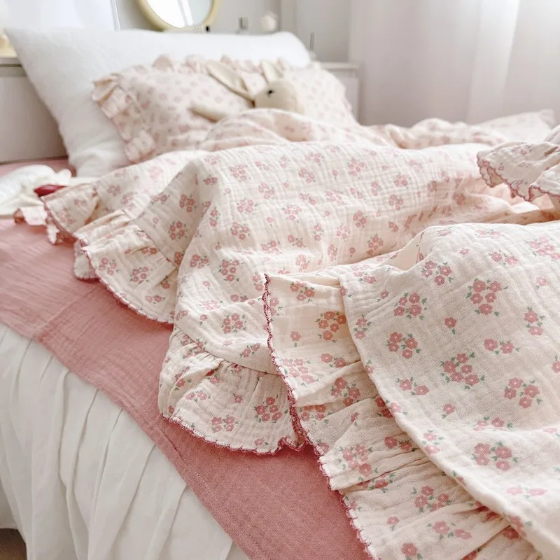 Pink floral cotton duvet cover set twin size cotton rich floral ruffle edge bedding set 2pcs