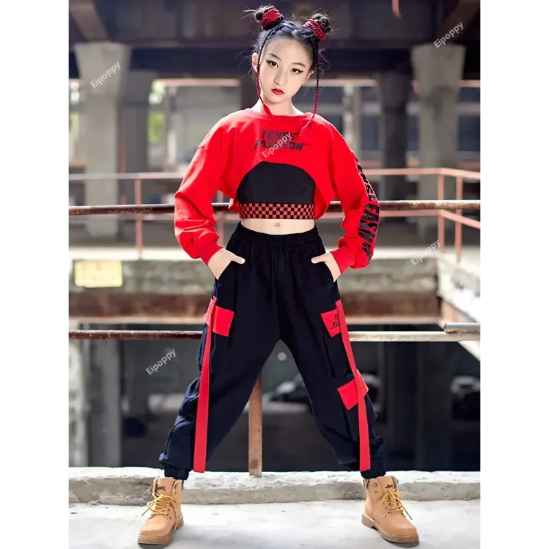 Teenage Fashion Streetwear, Stage Wear, Girls' Hip-hop, Jazz Dance, Red Crop Tops, Work Pants
