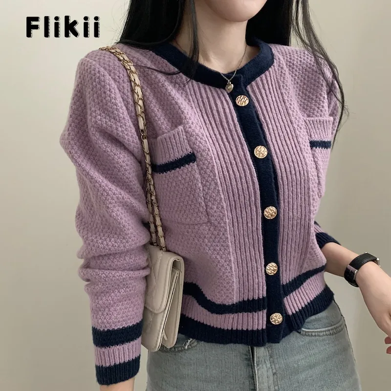 

Women Luxury Patchwork Knitted Long Sleeve Round Neck Korean Cardigans 2023 Winter Fashion Casual Single Breasted Purple Sweater