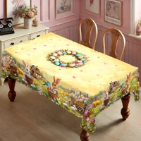 1 Easter Round Tablecloth, 5 Sizes Available, Spring Cute Rabbit Easter Egg Grass Map Pattern Printed Tablecloth, Edge Embossing Process, Spring Garden Tablecloth Decoration, Tablecloth for Daily Home Kitchen, Terrace, Easter Decoration, Spring Decoration 2