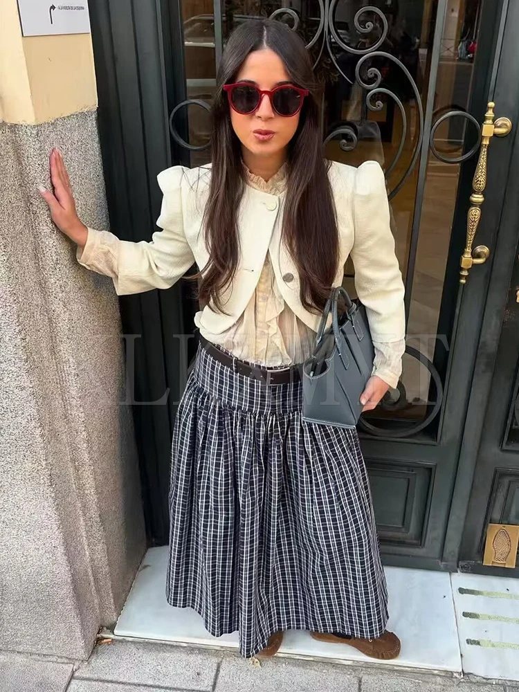 With Belt Long Skirts For Women Fashion 2025 New Vintage Plaid Midi Skirt High Street Casual Pleated Chic Midi Skirts Mujer ﻿