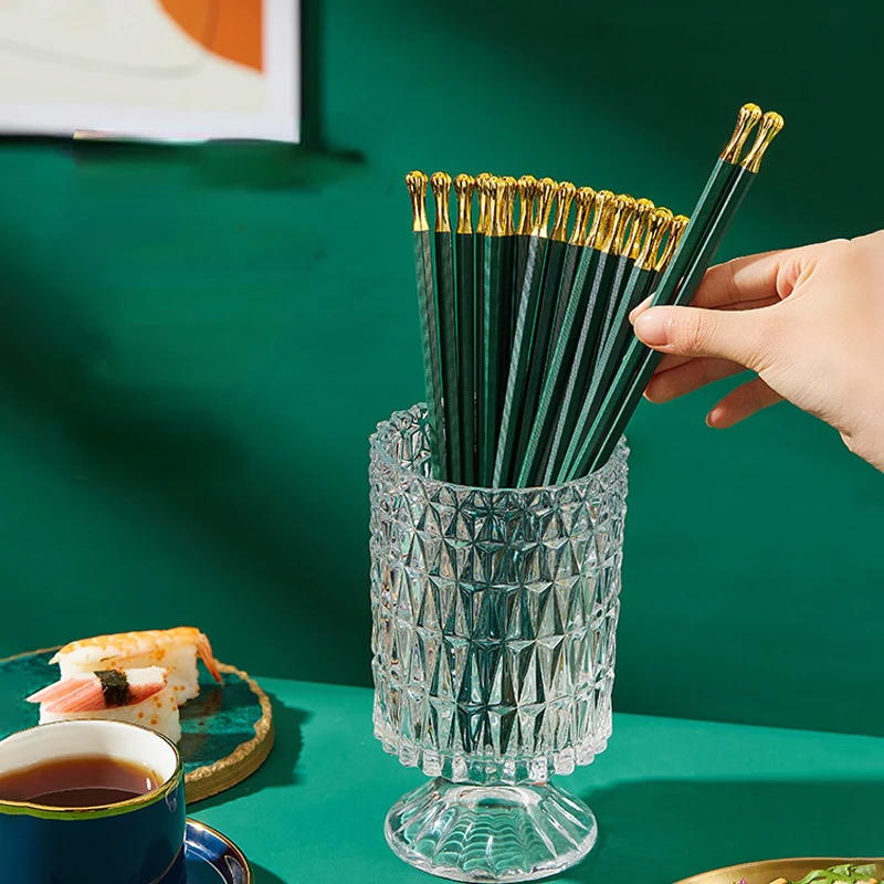 

5pcs Golden Alloy Chopsticks Dark Green Online Celebrity Nordic High Temperature Resistant Non-slip Chopsticks Dinnerware