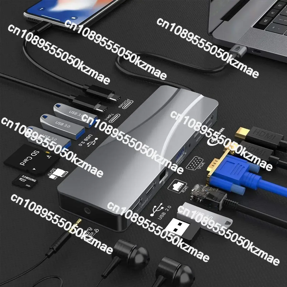 STOKTA 14'ü 1 arada USB C Hub Üçlü Ekran USB C Bağlantı İstasyonu, 2 4K HDMI VGA Gigabit Ethernet Güç Dağıtımı C Tipi Bağlantı Noktası hub