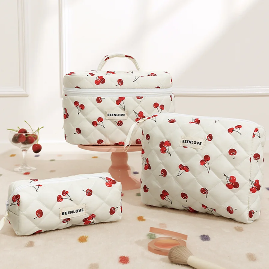 3pcs Aesthetic Cosmetic Organizer Set Quilted Cotton Sweet  Women Makeup Pouch Cherry/Heart Pattern Skincare Clutch Toiletry Bag 2