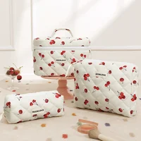 3pcs Aesthetic Cosmetic Organizer Set Quilted Cotton Sweet  Women Makeup Pouch Cherry/Heart Pattern Skincare Clutch Toiletry Bag 2