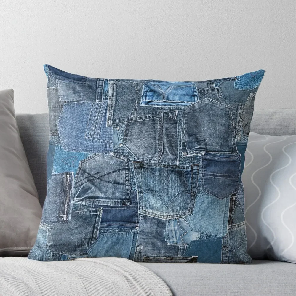 Blue Denim Jeans Pocket Patchwork Throw Pillow Anime christmas ornaments 2024