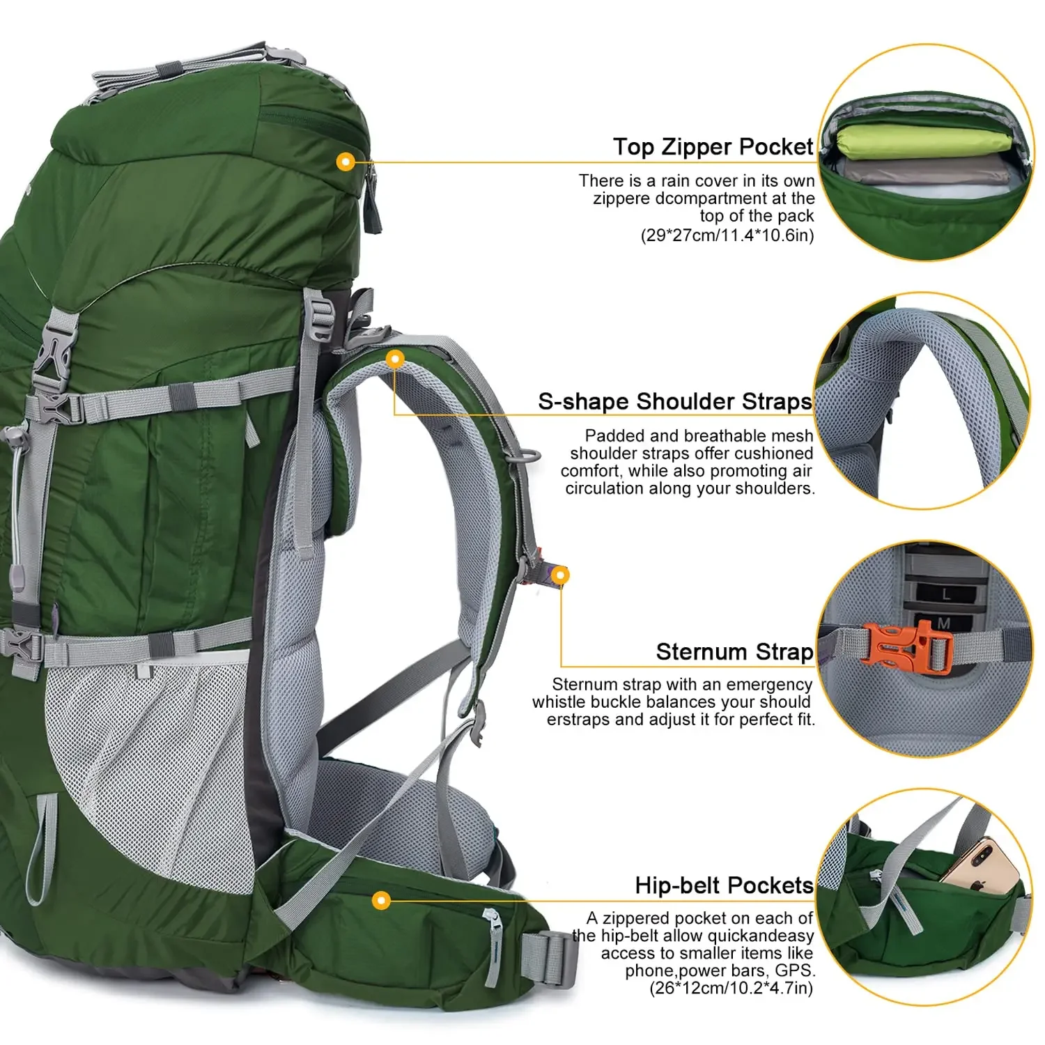 MOUNTAINTOP 70L Hiking Internal Frame Backpack with YKK Zippers and Rain Cover