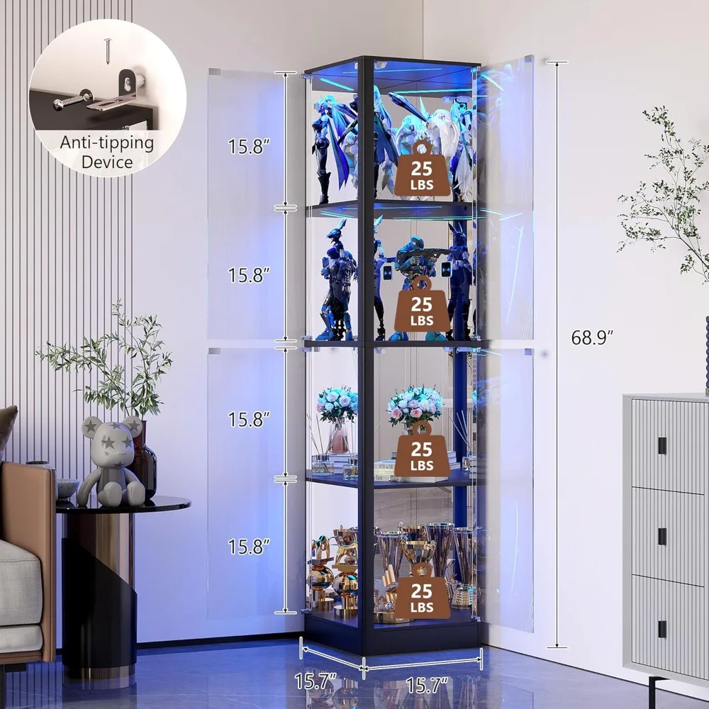 display cabinet with glass doors, 68" corner curio cabinets with led lights, 4-tier glass display case for collectibles/toys/boo