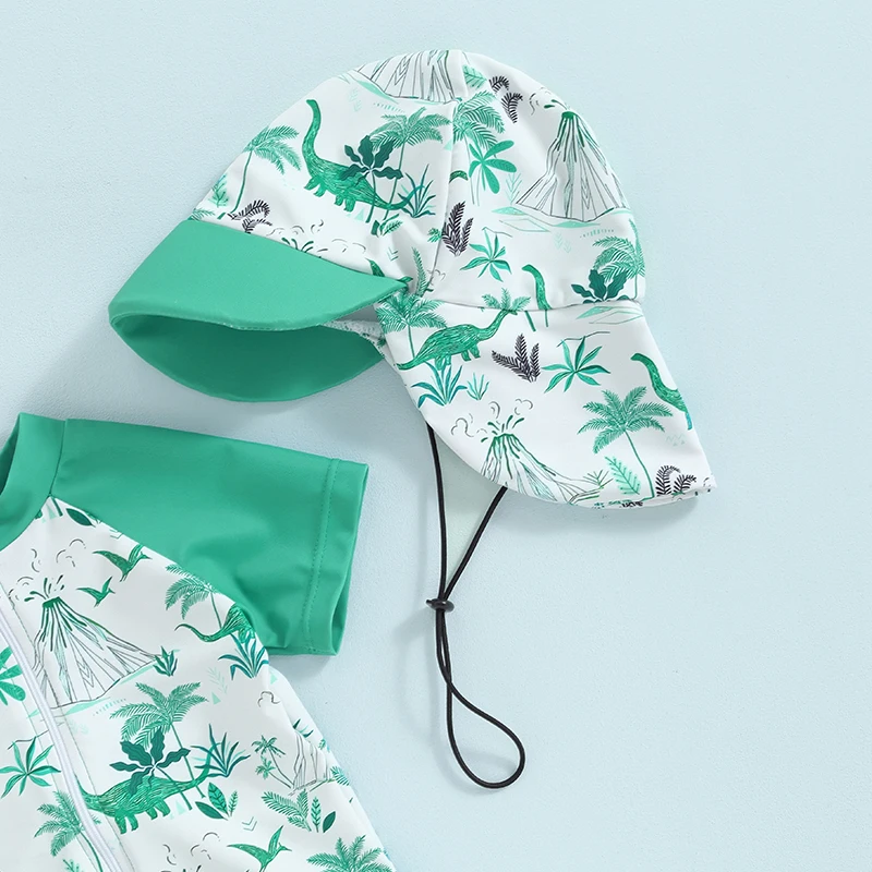 Kids Swimsuit For Baby Girls Boys Rash Guard Beachwear Swimwear Dinosaur Print Short Sleeve Tops Swim Trunks Cap Bathing Suit