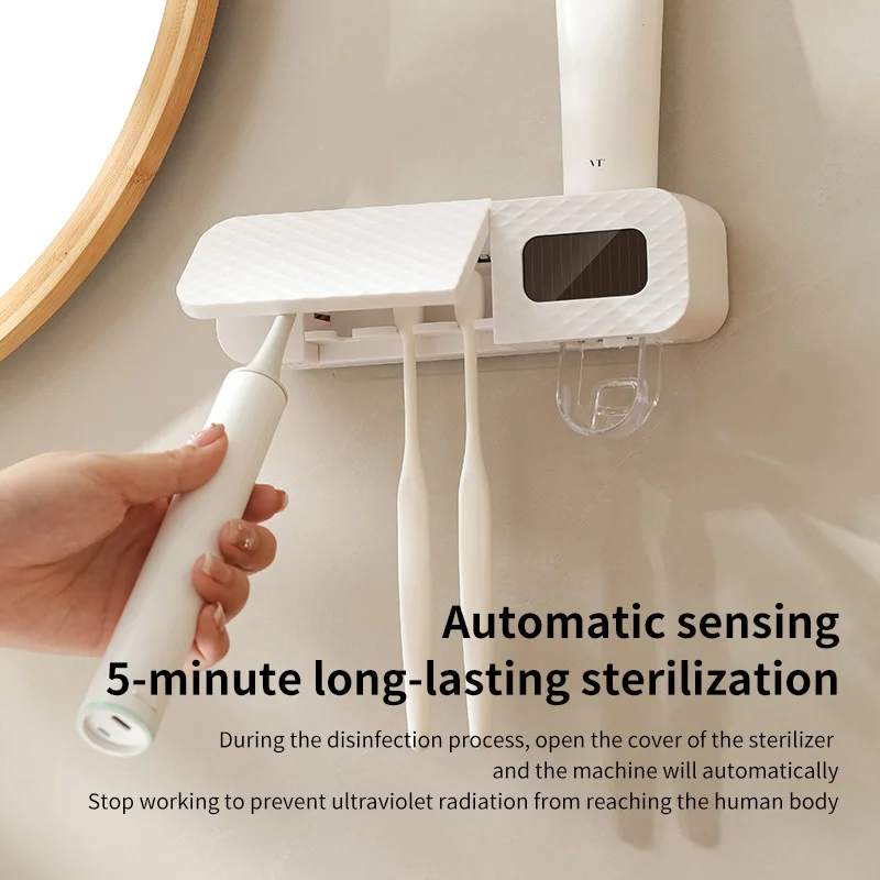 1 smart toothbrush rack wall mounted 3-slot toothbrush intelligent drying rack, toothpaste dispenser, household daily necessitie 4
