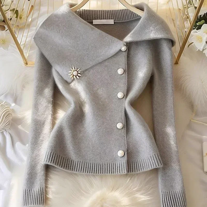 Autumn Winter Chic Button Soft Wool Solid Slim Sweaters Women's