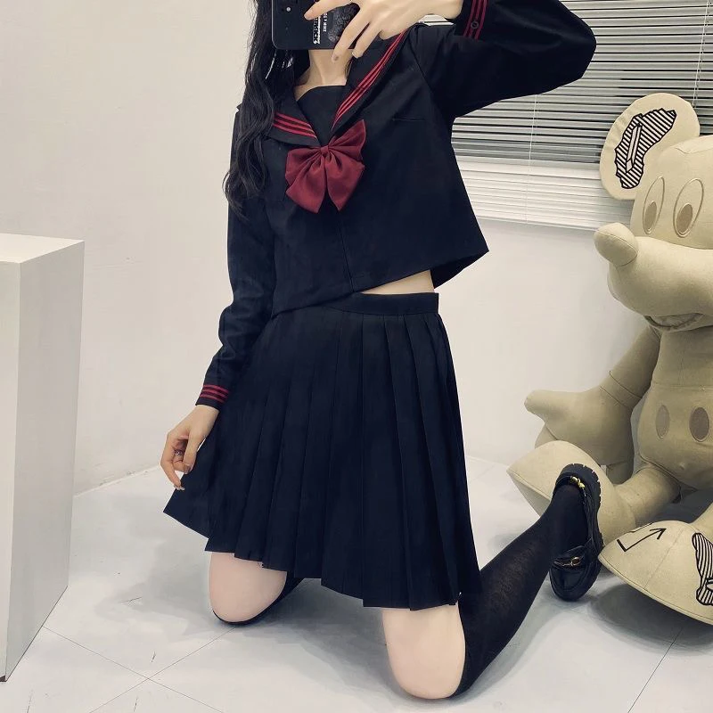 Japanese School Uniform Suit Sailor JK S-2XL Basic Cartoon Girl Navy Sailor Uniform Black sets Navy Costume Women girl costume