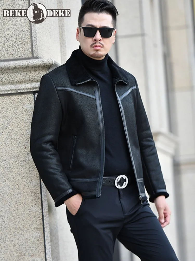 

Winter Business Men Work Real Wool Jacket Short Slim Fit Warm Wool Lining Coat Zipper Lapel Collar Thick Sheepskin Fur Overcoat