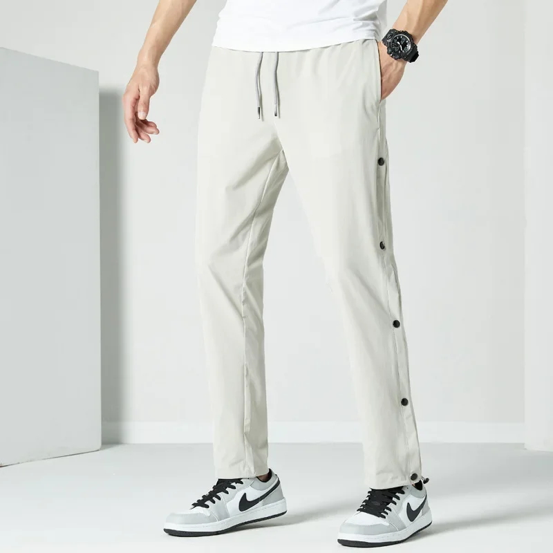Summer Quick Dry Sweatpants Men Sportswear Side Button Breathable Mesh Loose Casual Track Pants Straight Jogger Trousers