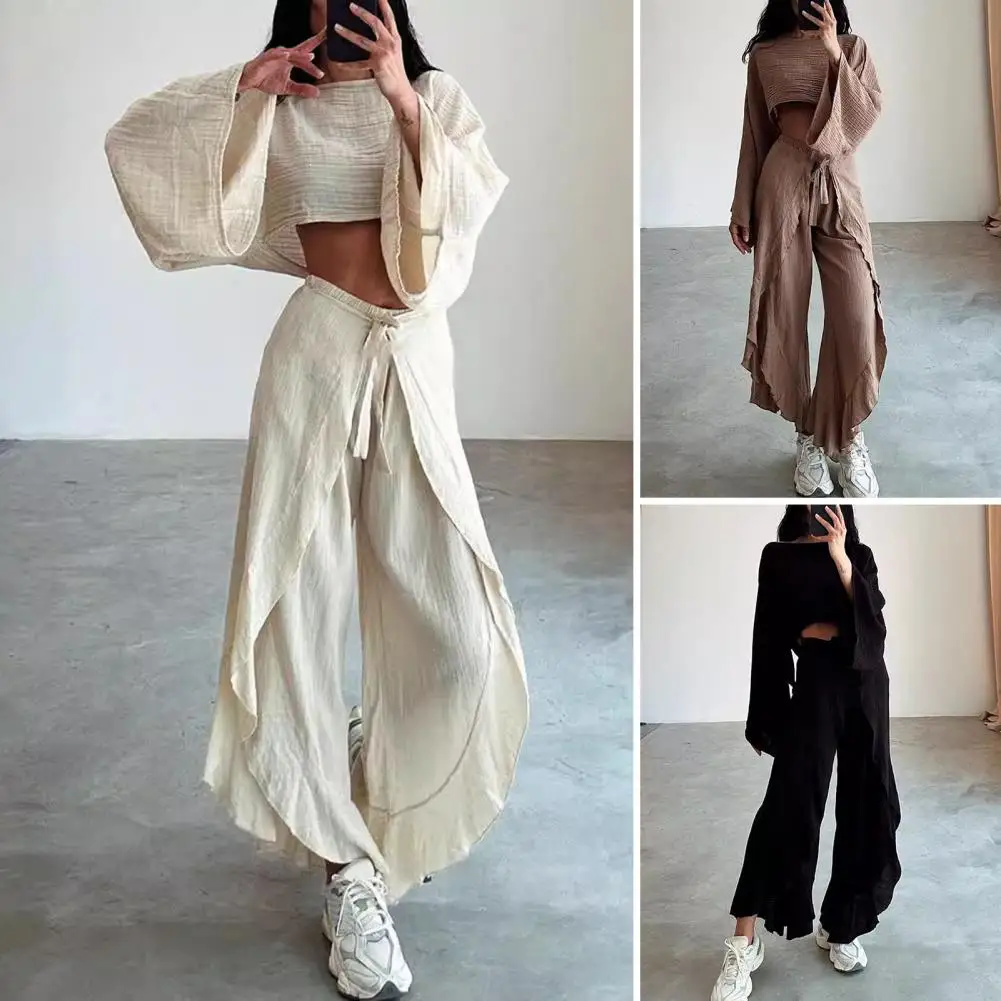 Lady Long Sleeve Top Set Elegant Women's Crop Top Pants Set with Boat Neck Irregular Ruffle Lace-up Trousers High Waist for Club