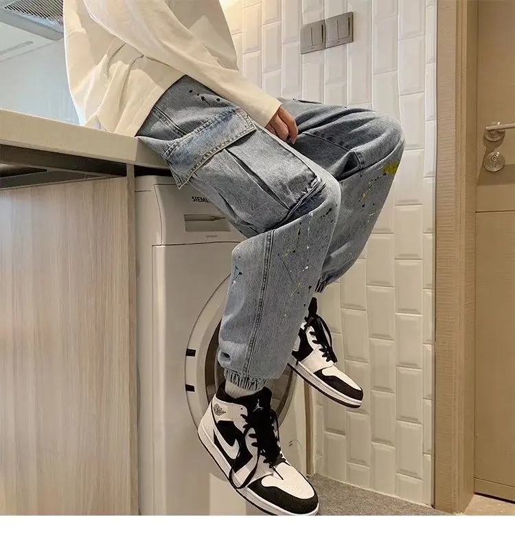 Denim Cargo Pants Men\'s Loose Paint Dot Jeans with Pockets Stretch Waist Denim Jeans for Men Baggy Jeans Goth Clothes Streetwear