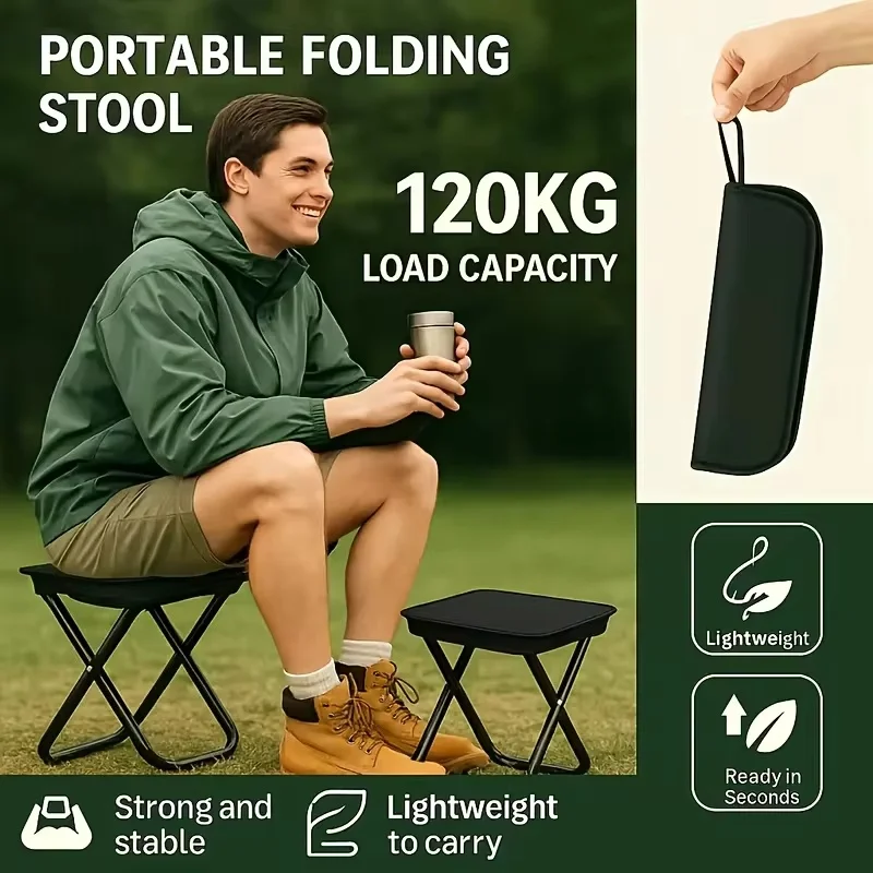 Tabouret pliant portable avec structure en fer robuste, idéal pour les activités de plein air comme le camping, la pêche et les pique-niques