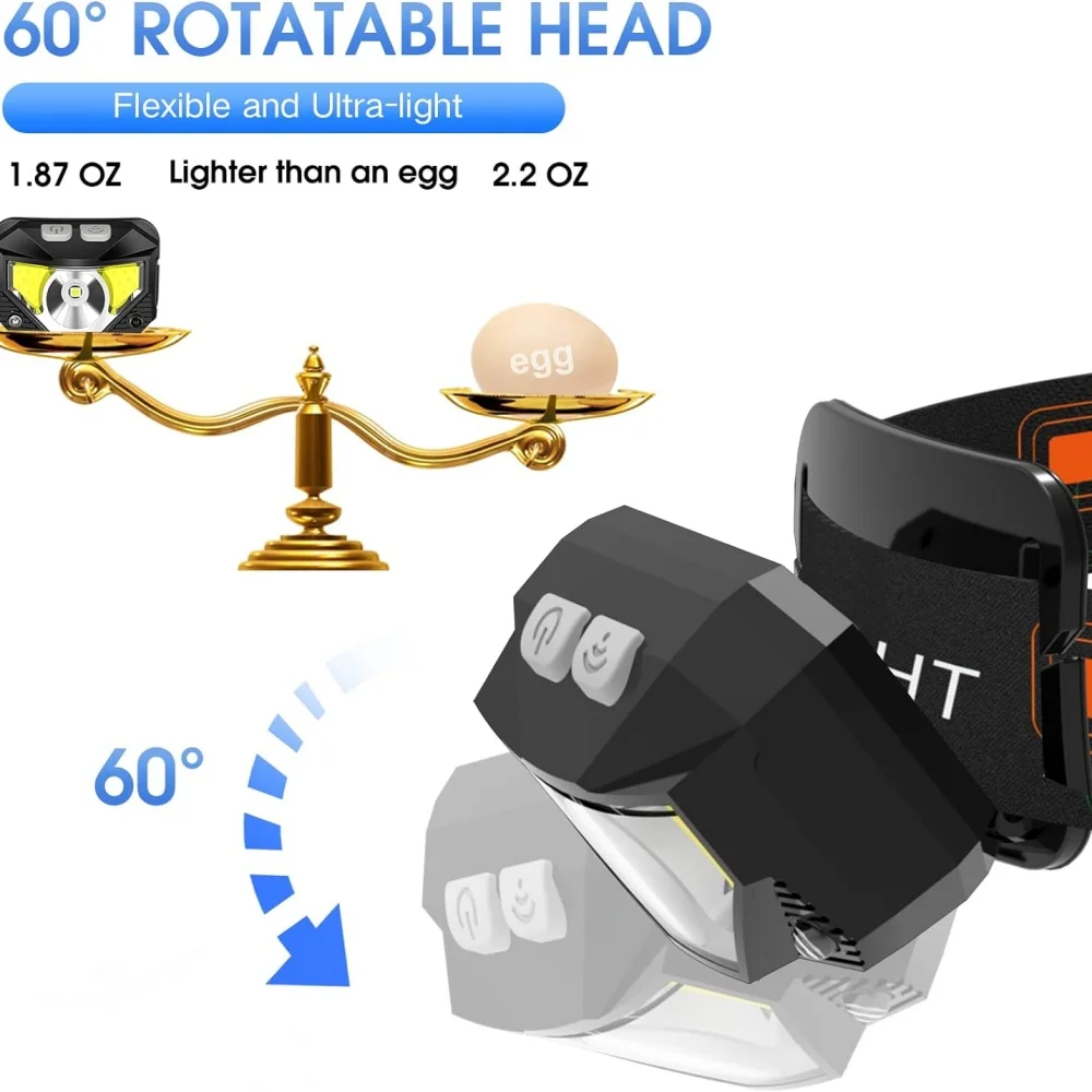 1200 Lumen Bright Headlamp Flashlight LED Rechargeable Headlight Red Light Waterproof Motion Sensor Head Lamp Fishing Head Light