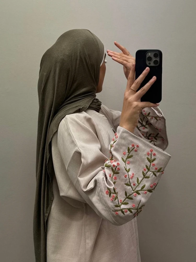 Floral Embroidery Linen Closed Abaya Dress for Women Muslim Casual Abayas Dubai Turkey Ramadan Islam Clothing Kaftan Hijab Robe