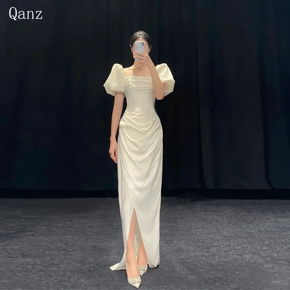 

Qanz Modern Korea Wedding Dresses Satin Short Puff Sleeves Summer Dresses Mermaid Slit Floor Length Trouwjurk Plus Size 2024