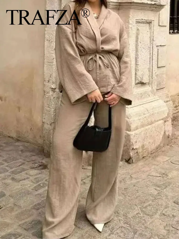 TRAFZA Woman 2 Piece Trousers Set Solid V Neck Long Sleeves Loose Lace Up Top + Elastic Waist Wild Women's Wide Leg Long Pant