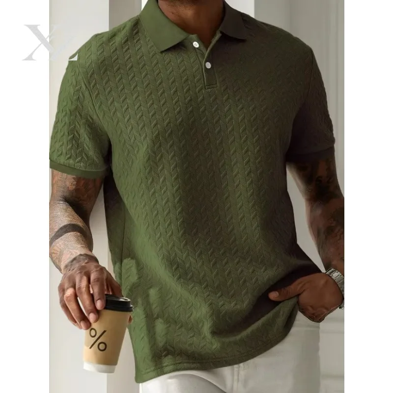 Men's Textured Jacquard Knitted Polo Shirt Short Sleeve Collar Top Summer Casual Business T-Shirt 2026