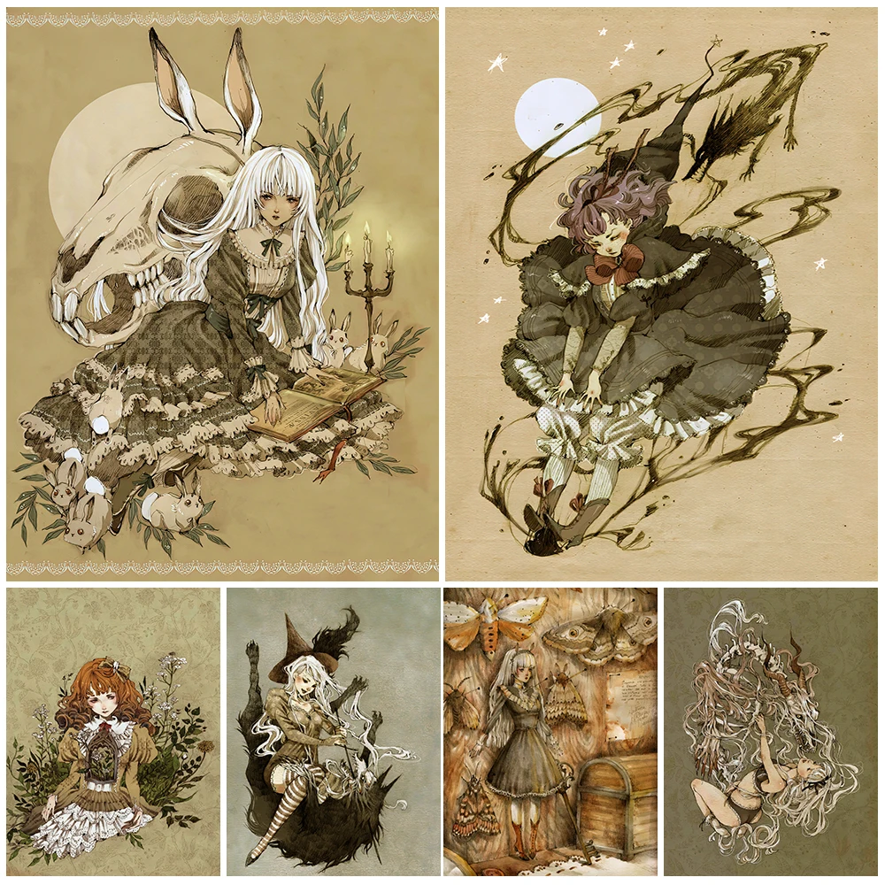 

Gothic Lolita Witch And Wolf Wall Art Vintage Abstract Cartoon Poster And Print Home Decoration Mysterious Witch Canvas Painting