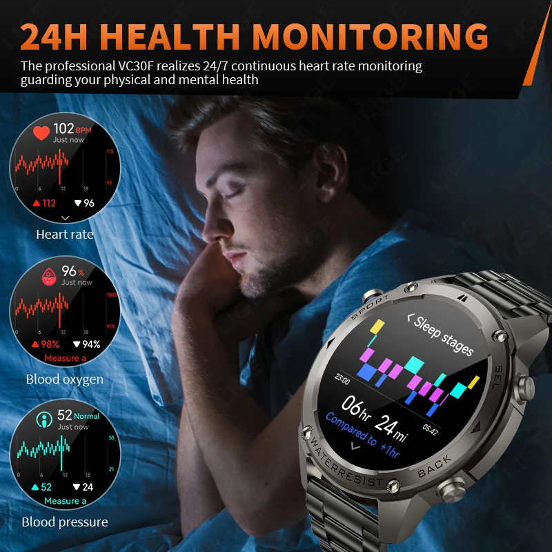 LIGE 5ATM Smart Watch 1.43" AMOLED Screen Voice Call Outdoor Sports Watches Men Waterproof 500mAh Battery Health GPS Smartwatch