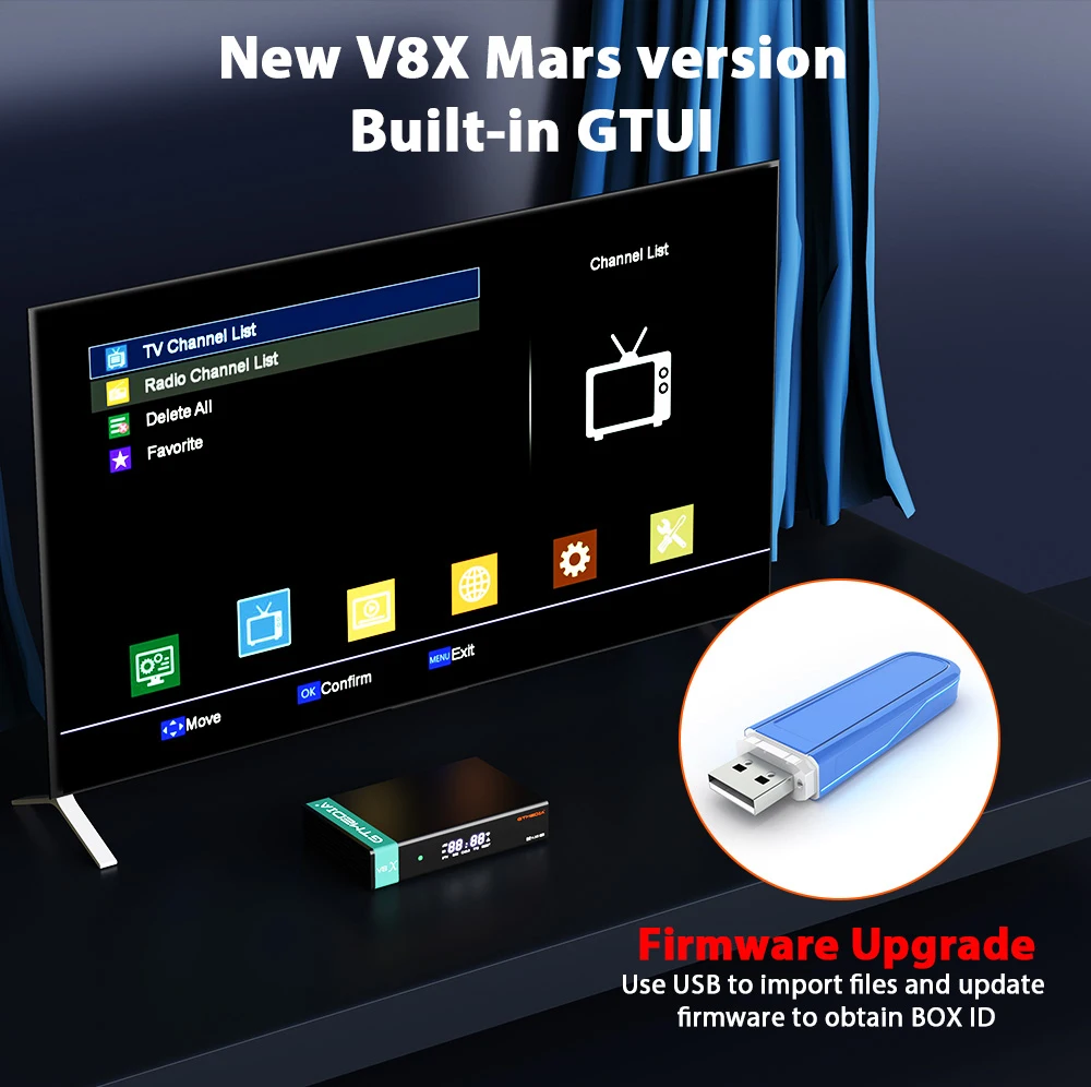 Description Picture 3 of itemGTMEDIA V8X HD 1080P Satellite Receiver DVB-S/S2/S2X Built-in 2.4G WIFI H.265 Support SAT to Gtplayer TV Receivers Mars V8X