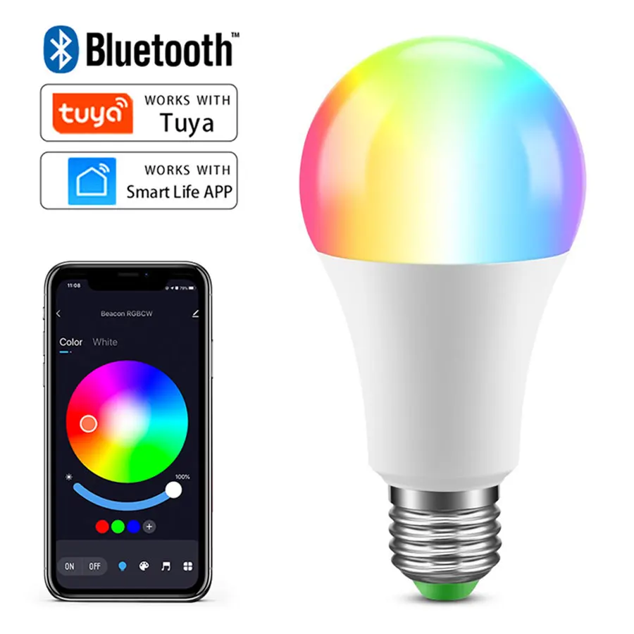 AC85-265V E27 Bluetooth Tuya Smart Bulb APP Control 15W RGBCW Color Changeable Lamp Timing Function Dimmable Music Sync