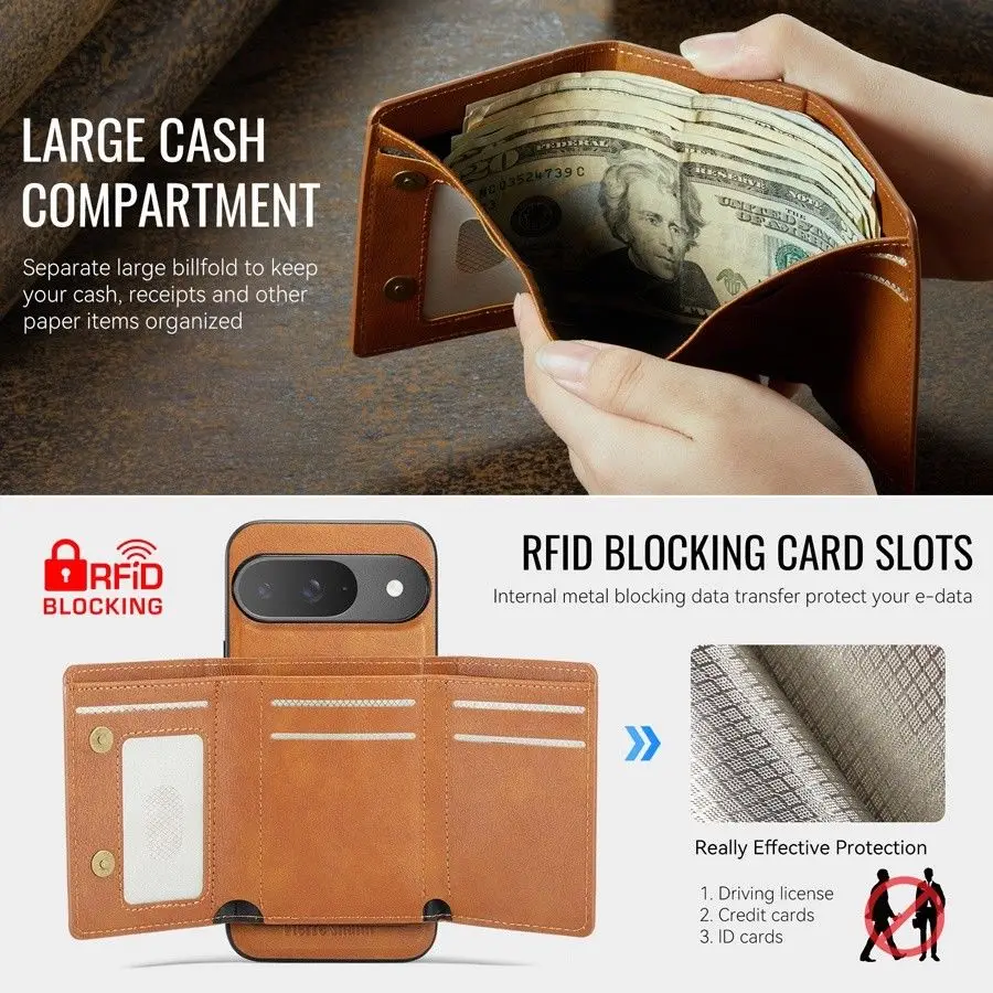 Magnetic Detachable Leather Wallet Phone Stand with Wireless Charging Capability